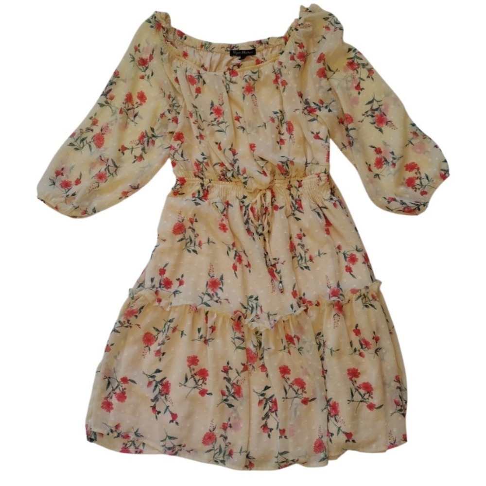 Ryan Michelle Dress Woman's Large Yellow‎ Layered Boho Peasant Lined 3/4 Sleeves